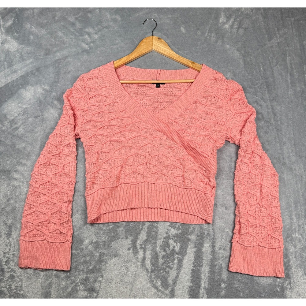 Express Crossover Wrap Sweater Womens Small Pink Cropped Textured Knit V-Neck